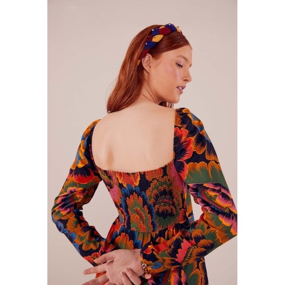 Farm Rio Colorful Flower Midi Dress S M Long Sleeve Smock Floral Bead Squareneck - Picture 4 of 7